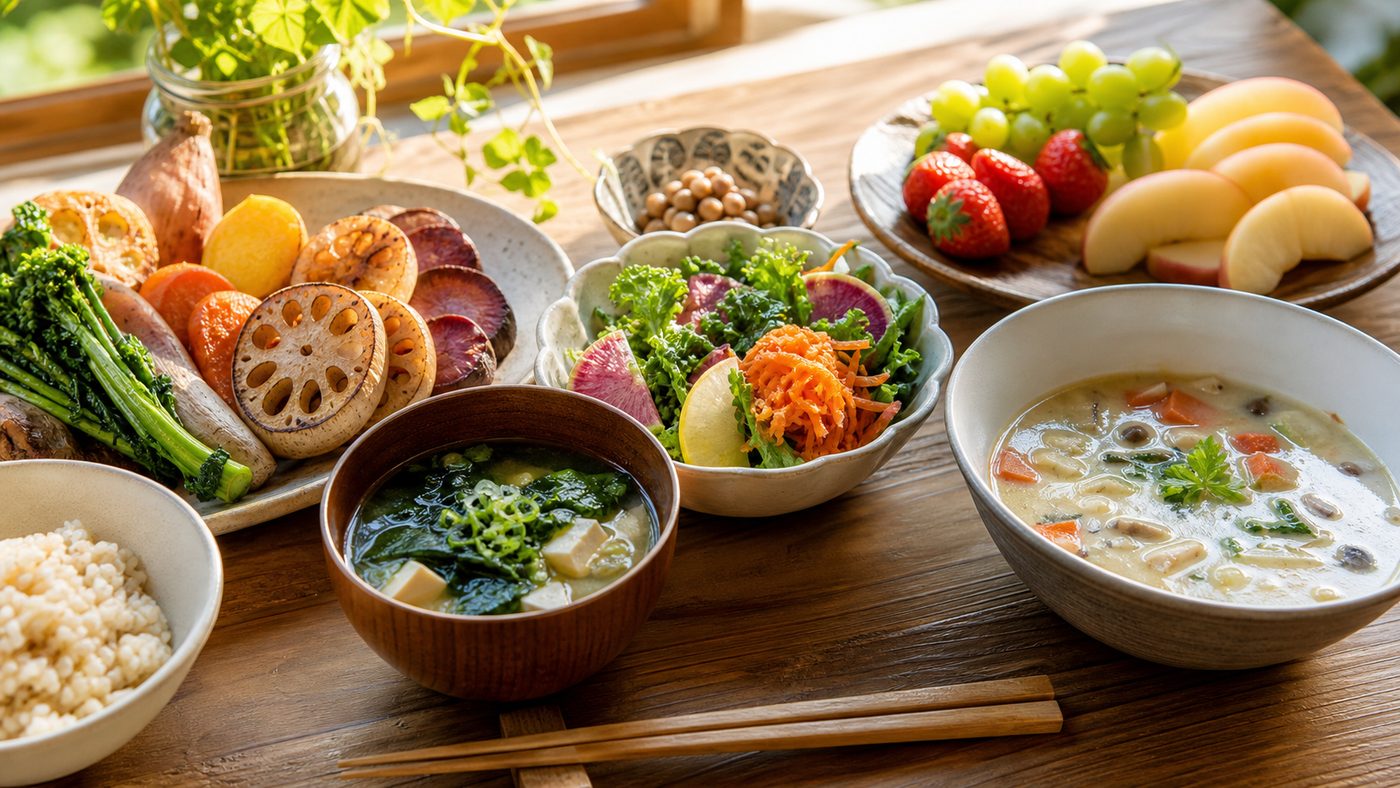 根菜・葉野菜・果物・温かい汁物をそろえた温活の食卓