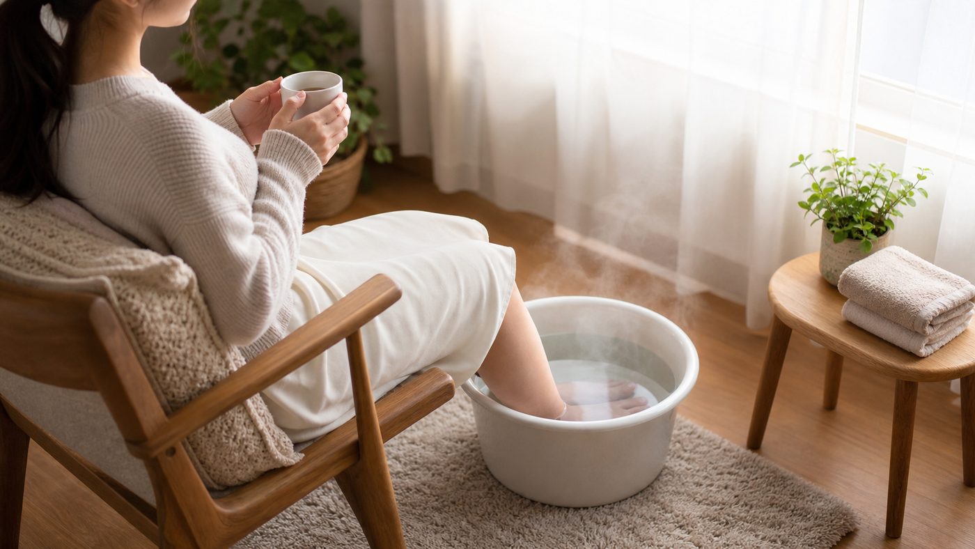 自宅で足湯と温かい飲み物を楽しむ温活習慣