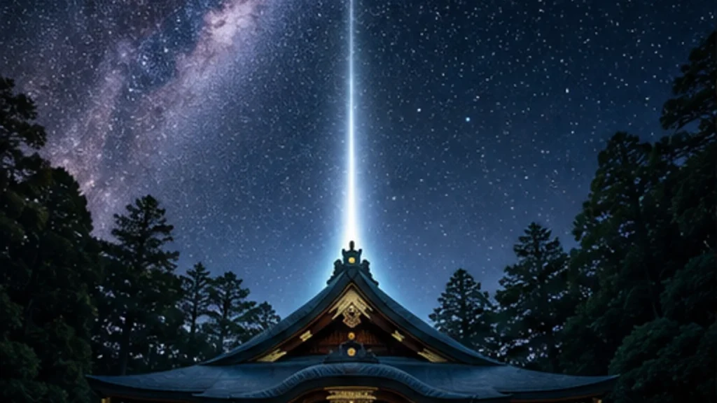 星空と神社を結ぶ光が神々と宇宙を思わせる風景