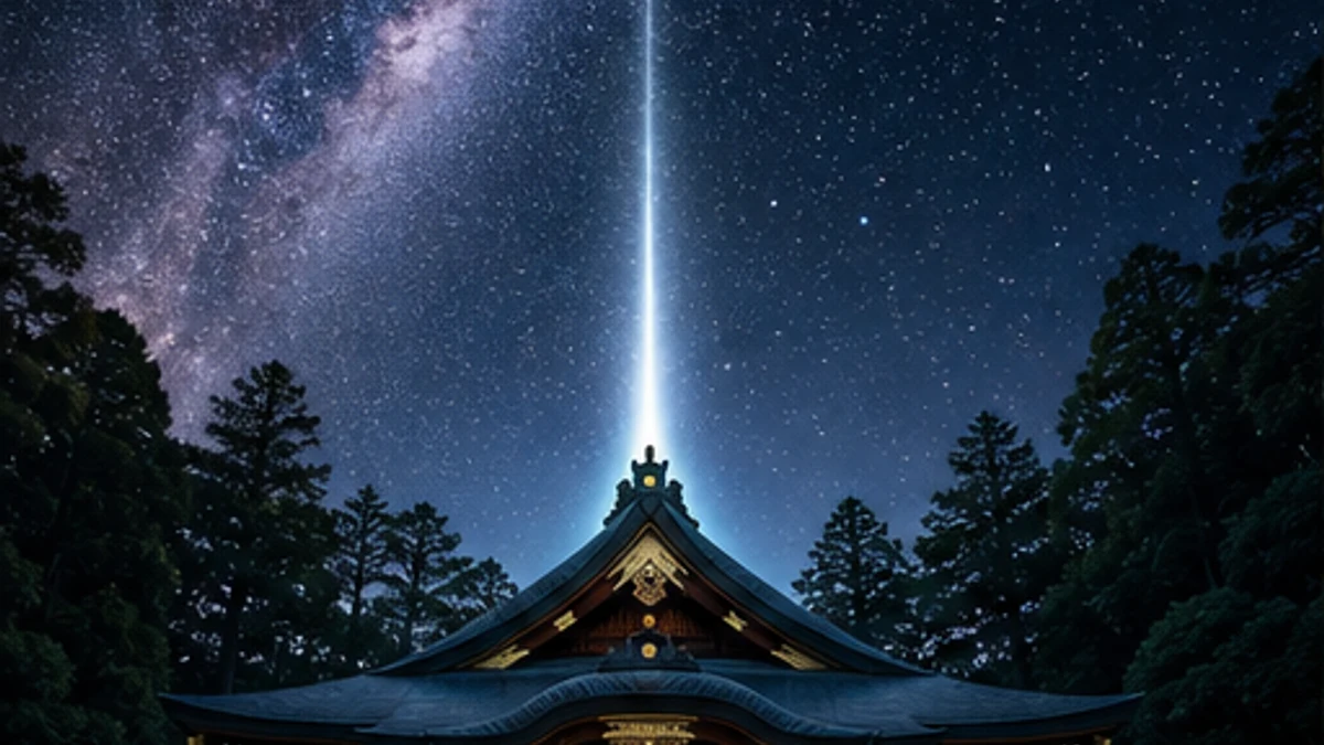 星空と神社を結ぶ光が神々と宇宙を思わせる風景