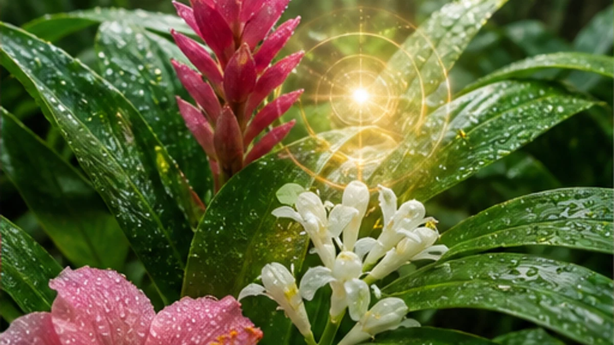 朝露をまとい生命力に輝くハワイの熱帯植物