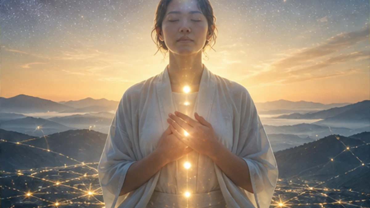 天地と宇宙の光を内側でつなぐ瞑想中の女性