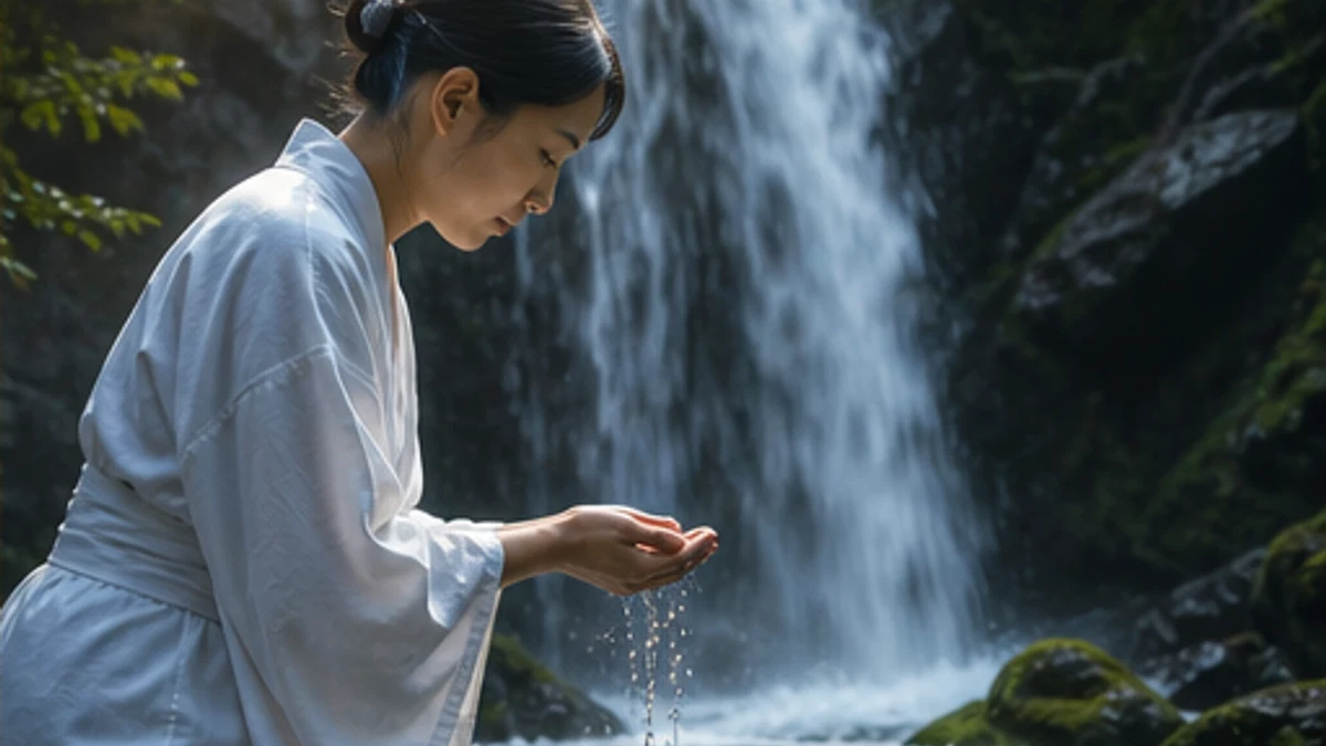 滝の清流で静かにミソギを行う女性