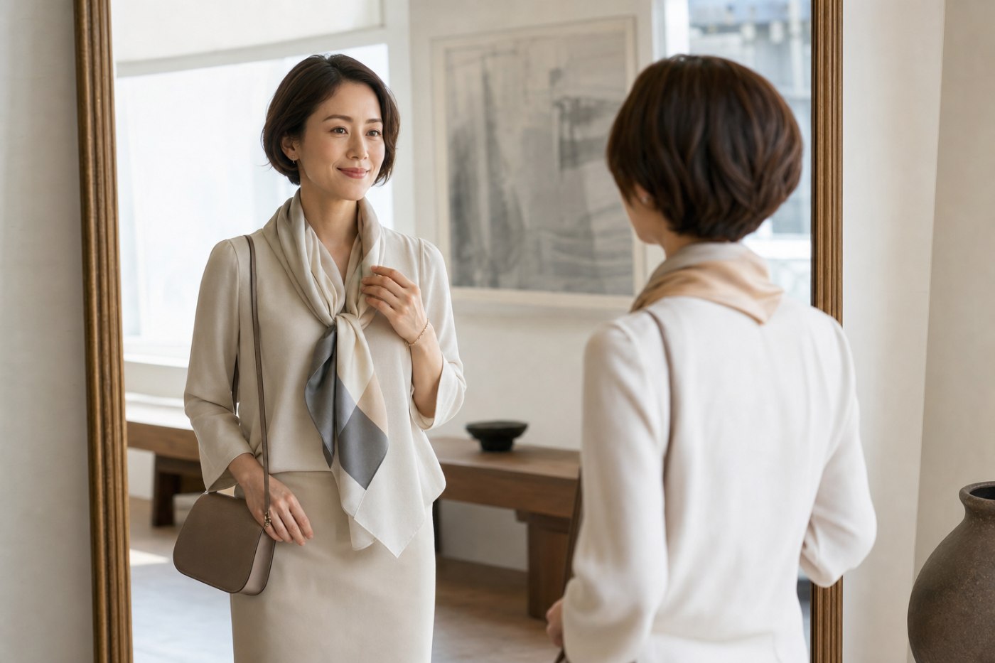 自分の個性に調和するスカーフとバッグを選ぶ女性