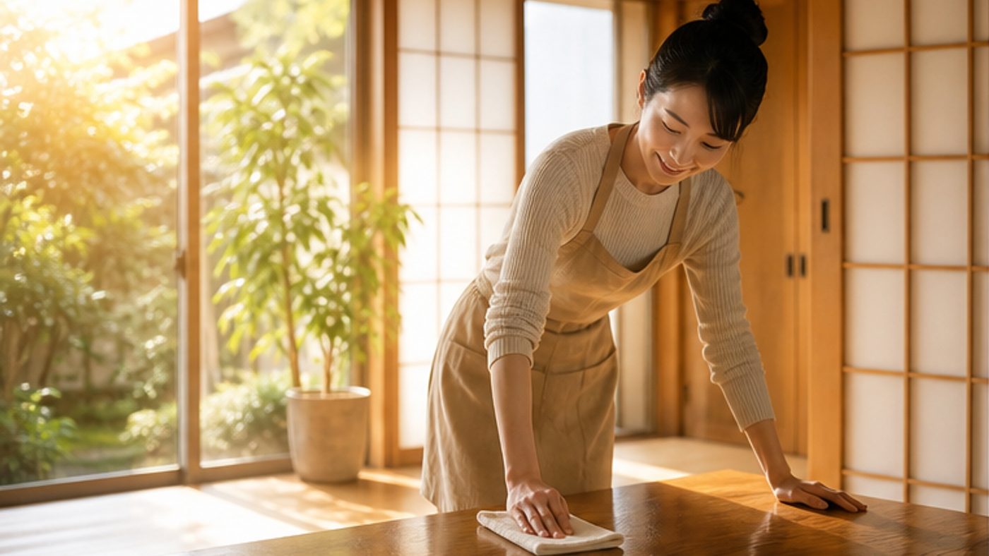 光の入る和室を掃除して運気を整える女性