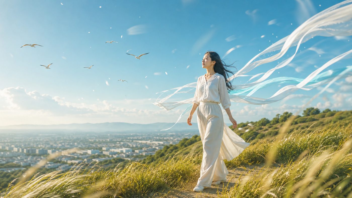 風の時代の軽やかな流れを歩く女性