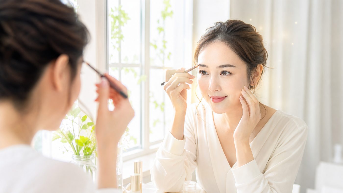 鏡の前で眉を整えて運の入り口を明るくする女性