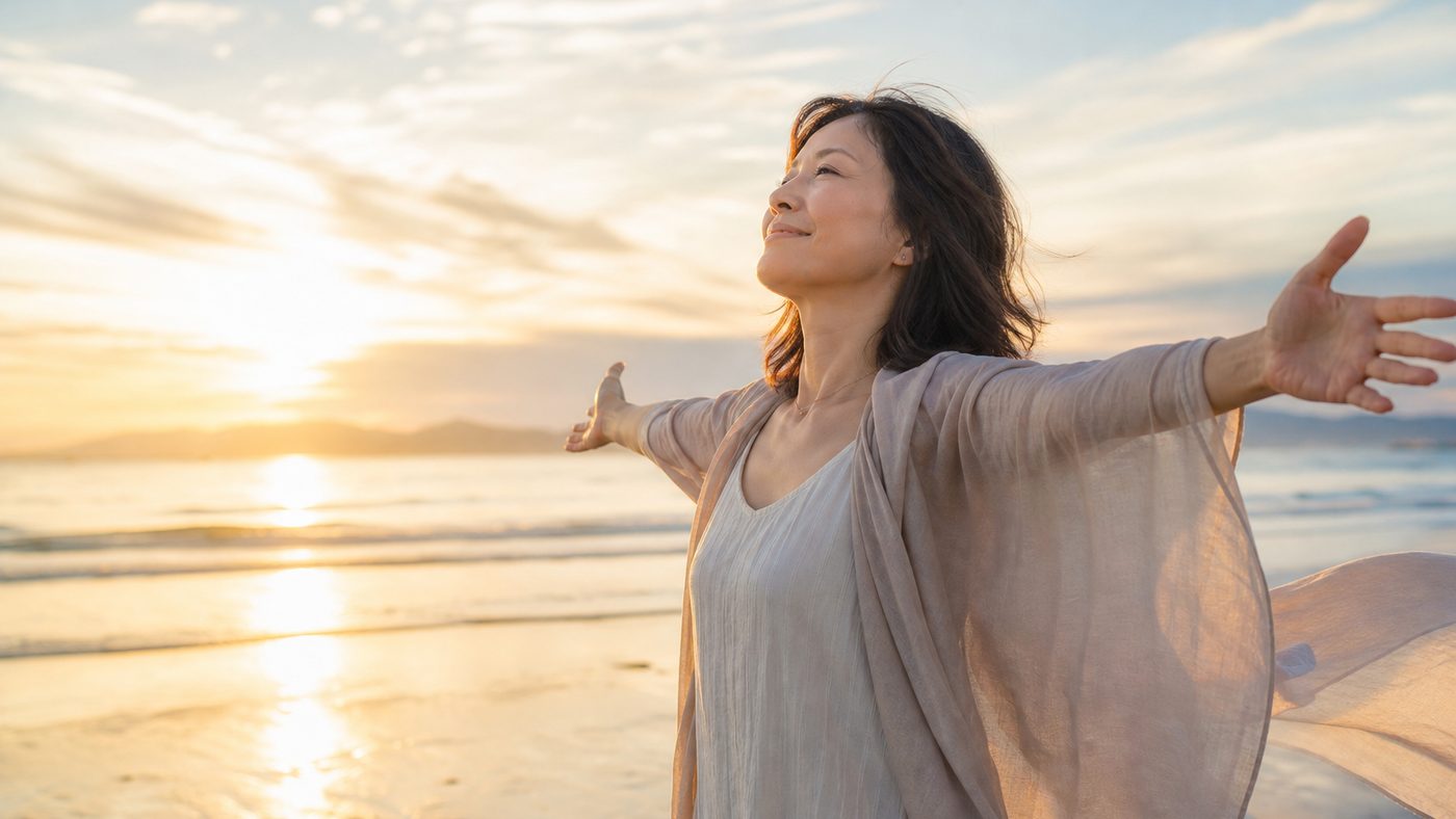 朝日の海辺で心を開き新しい一歩を迎える女性