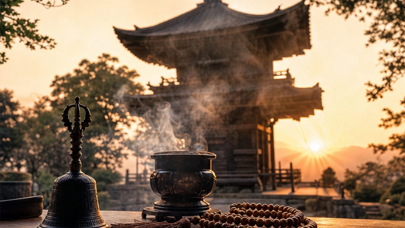朝日に照らされた寺院と数珠と香炉