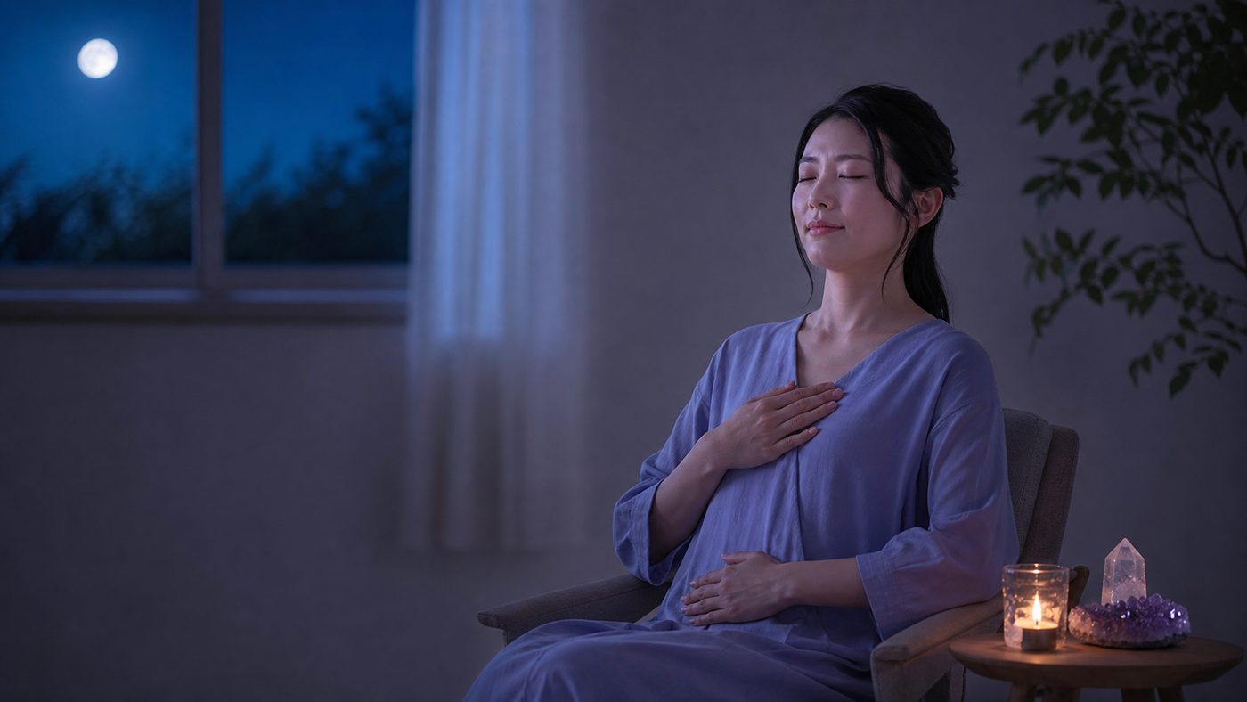 月明かりの部屋で呼吸を整え自己催眠の準備をする女性