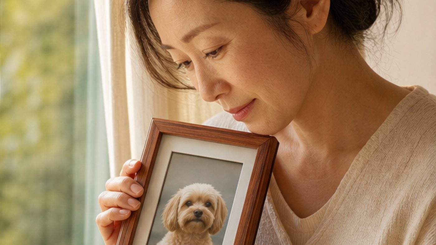 愛犬の写真を抱き思い出を感じる女性