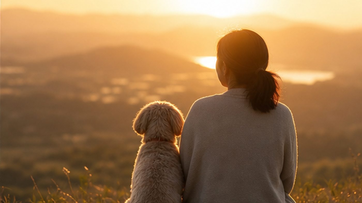 夕日の丘で続く人と犬の魂の絆