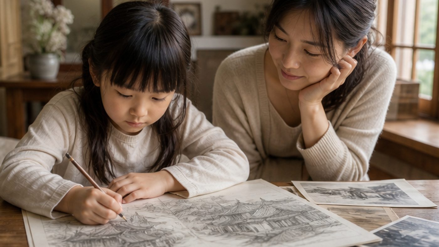 知らない昔の村を描く子供と話を聞く母親