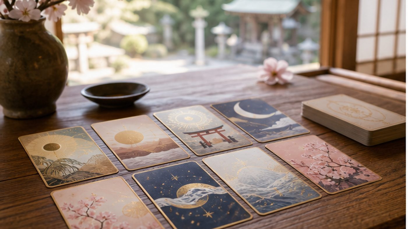 神社を背景に広げた日本の神様オラクルカード