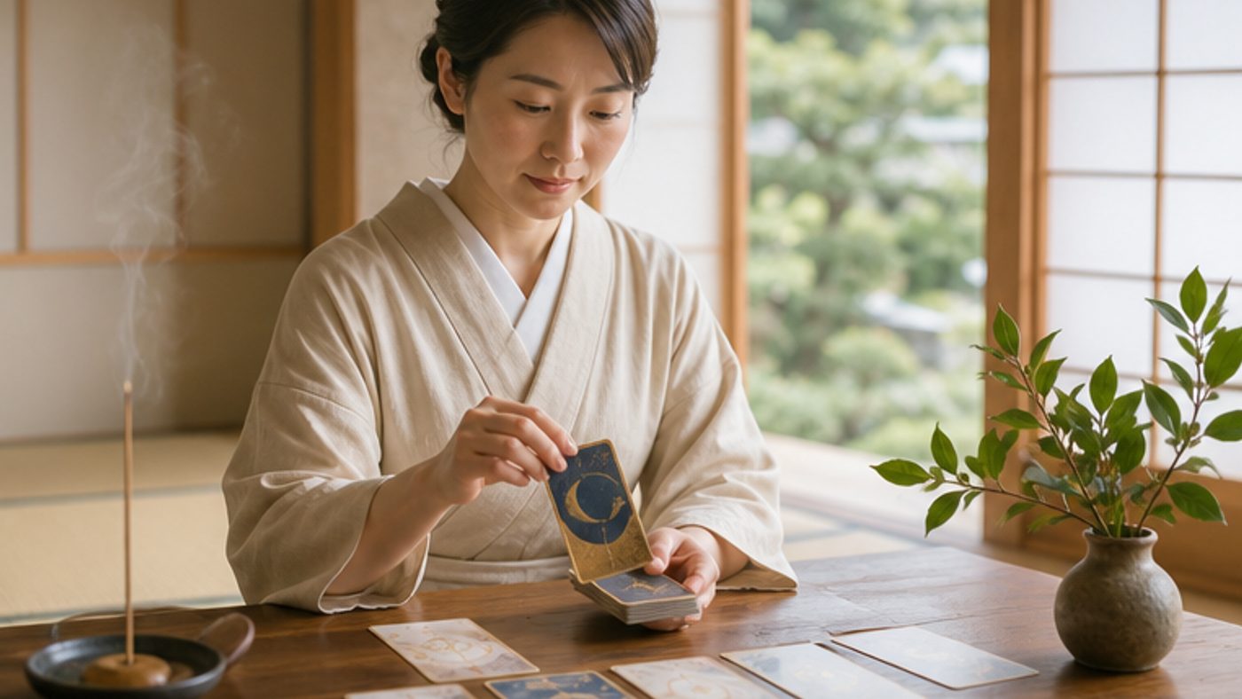 和室で日本の神様カードを一枚引く女性