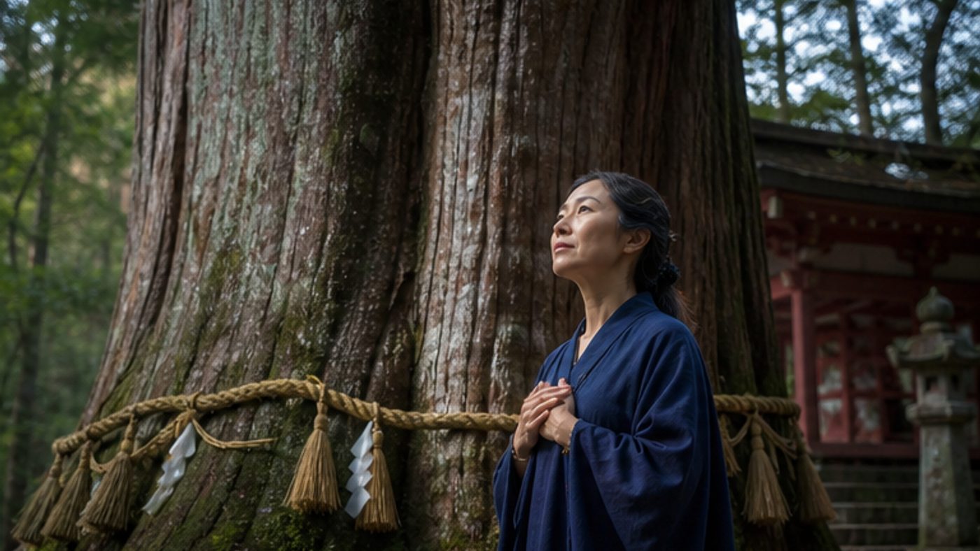 神社の御神木の前で魂の使命を感じる女性