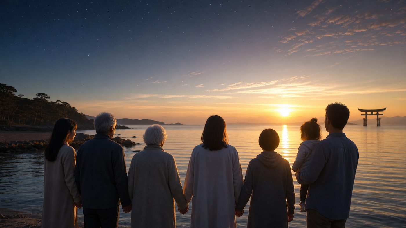 朝日の海で世代を超えて調和を祈る人々