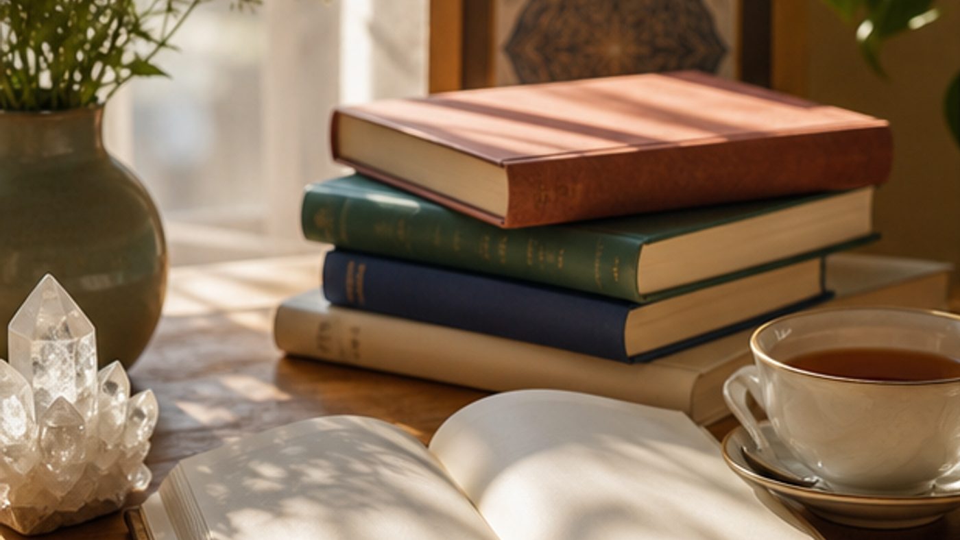 光の差す読書机に置かれた本とクリスタル