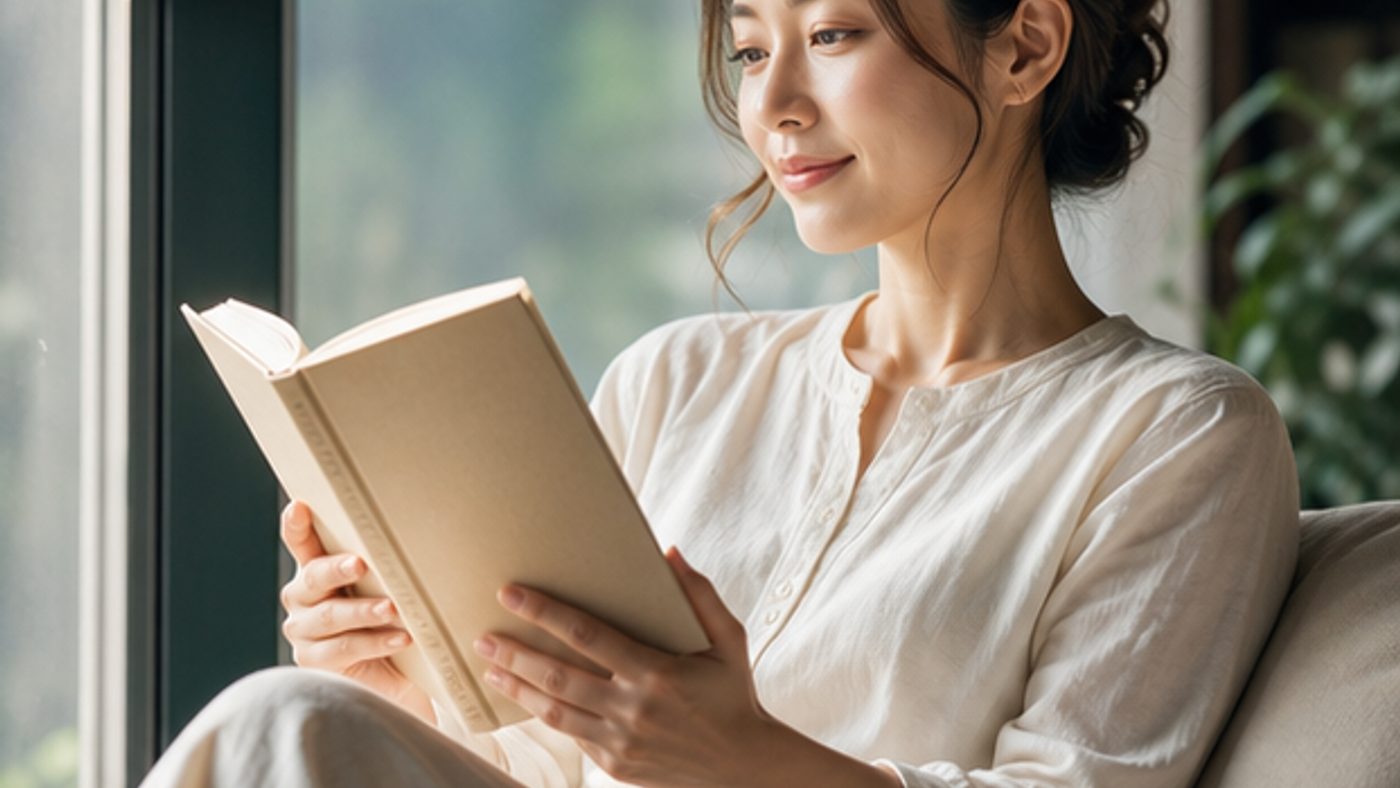 窓辺でスピリチュアル本を読む女性