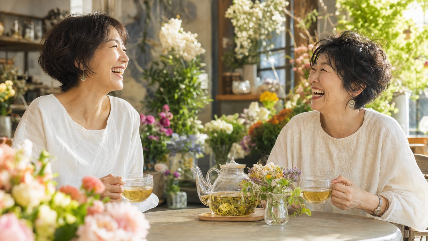 笑いと花とハーブティーを楽しむ若々しい時間