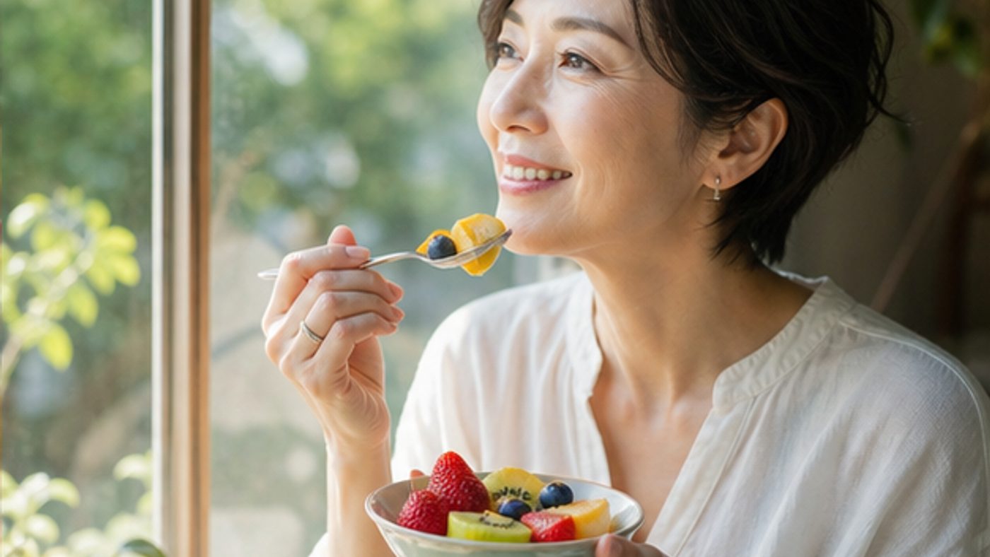 窓辺で色とりどりのフルーツを楽しむ女性