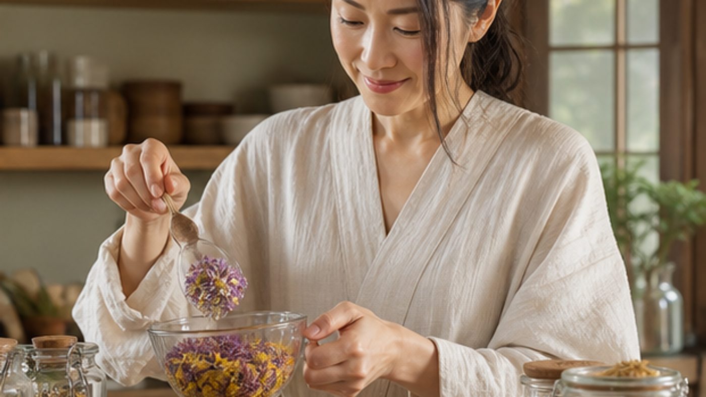 自宅で色とりどりのハーブをブレンドする女性