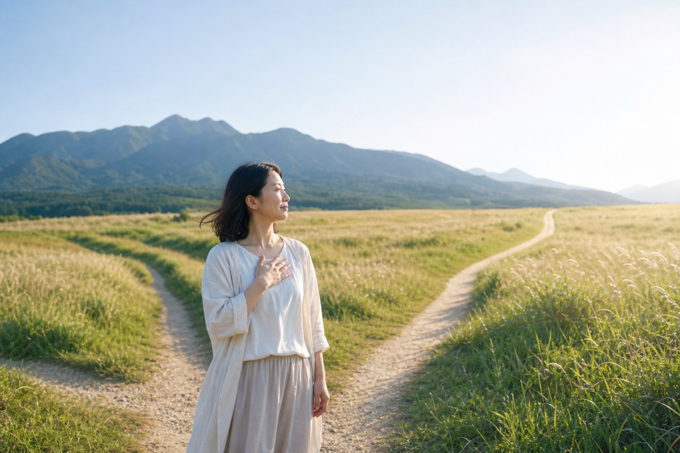 自分の内側を感じながら心が軽くなる道を選ぶ女性