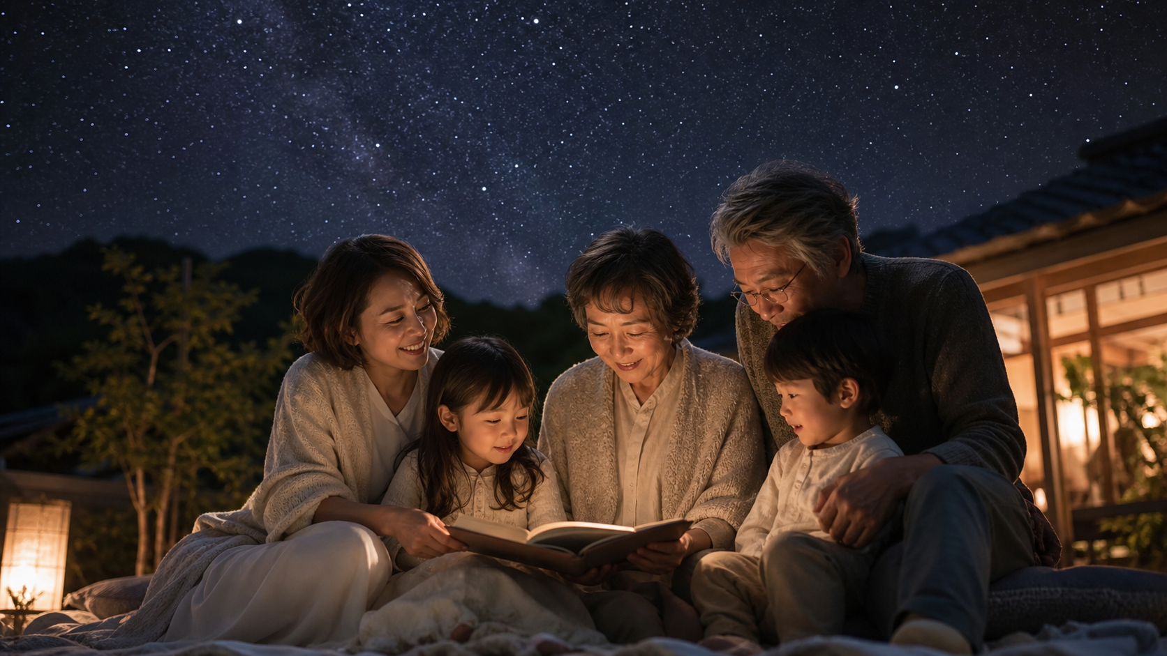 星空の下で物語を読む家族の温かな時間