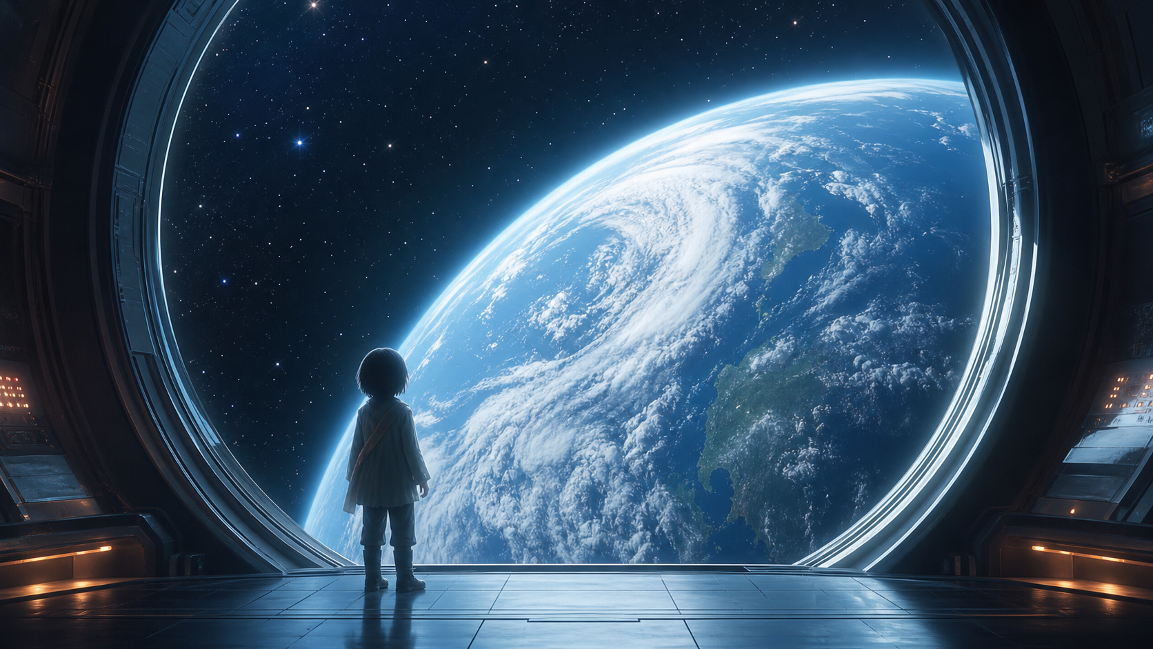 宇宙から地球を見守る小さな旅人のシルエット