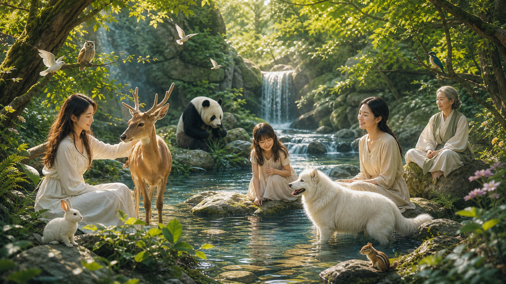 人と動物が共生する森の水辺