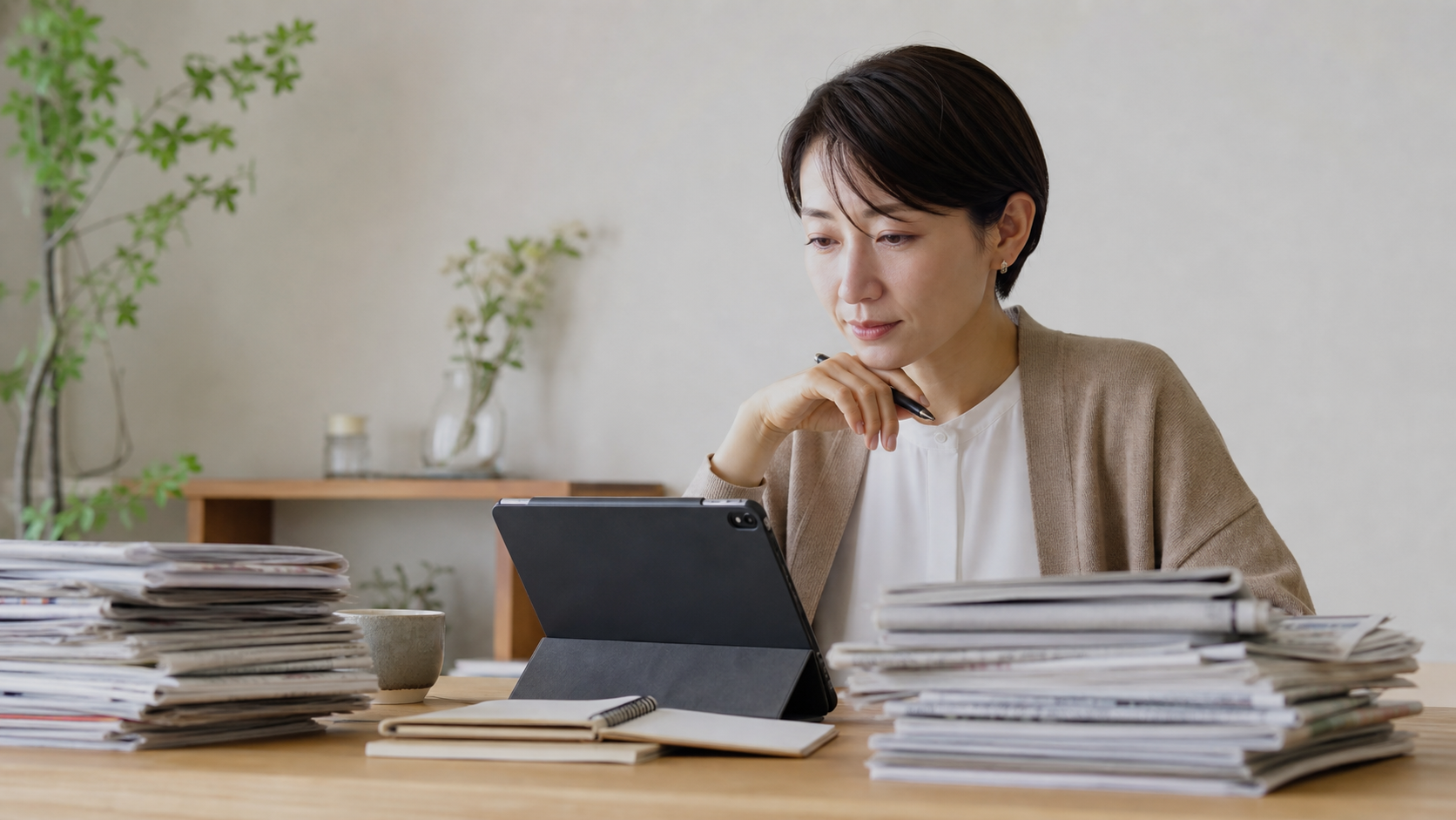 複数の資料を比較して情報を検証する女性