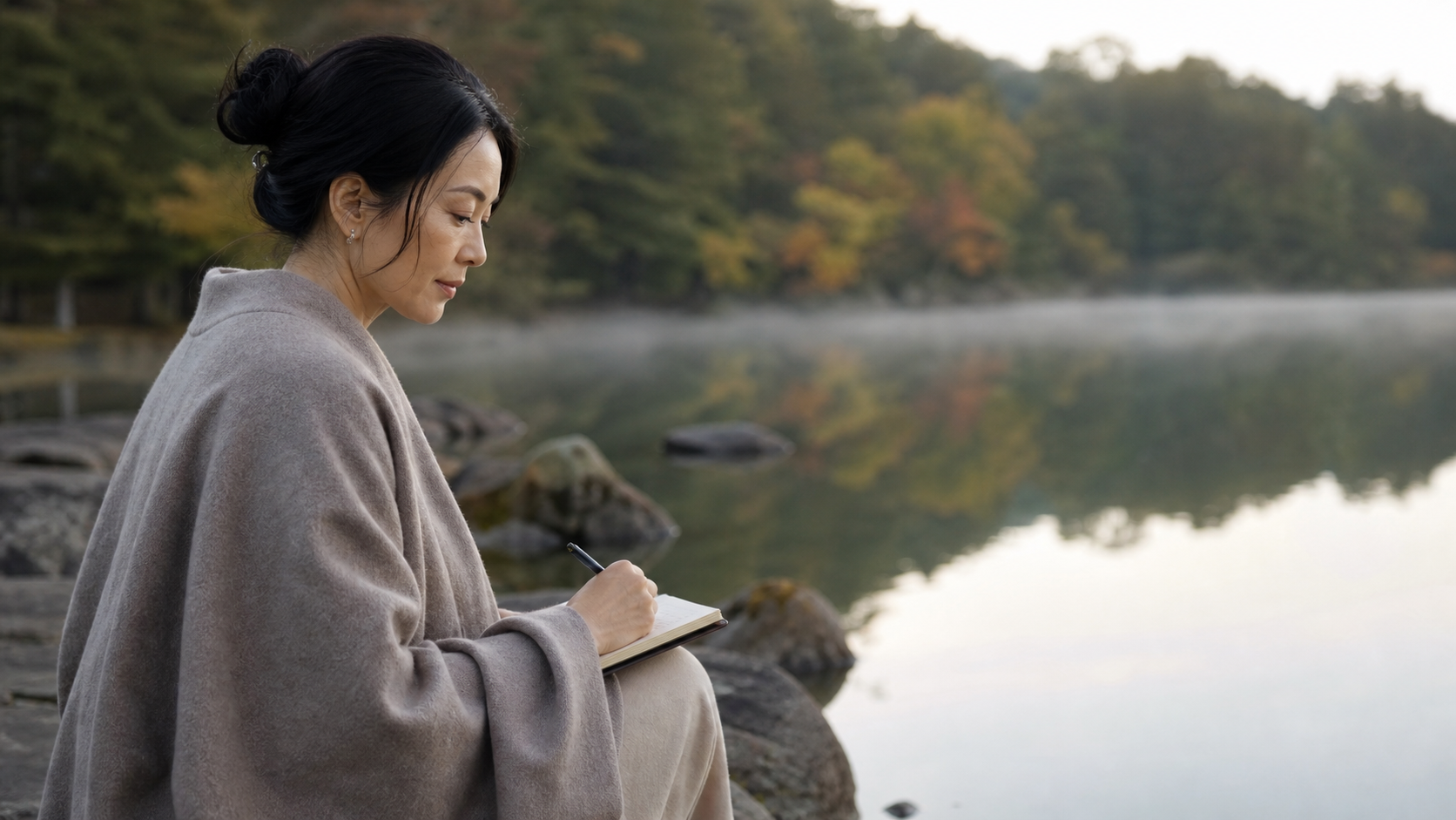 湖畔で自分の価値観を書き出す女性
