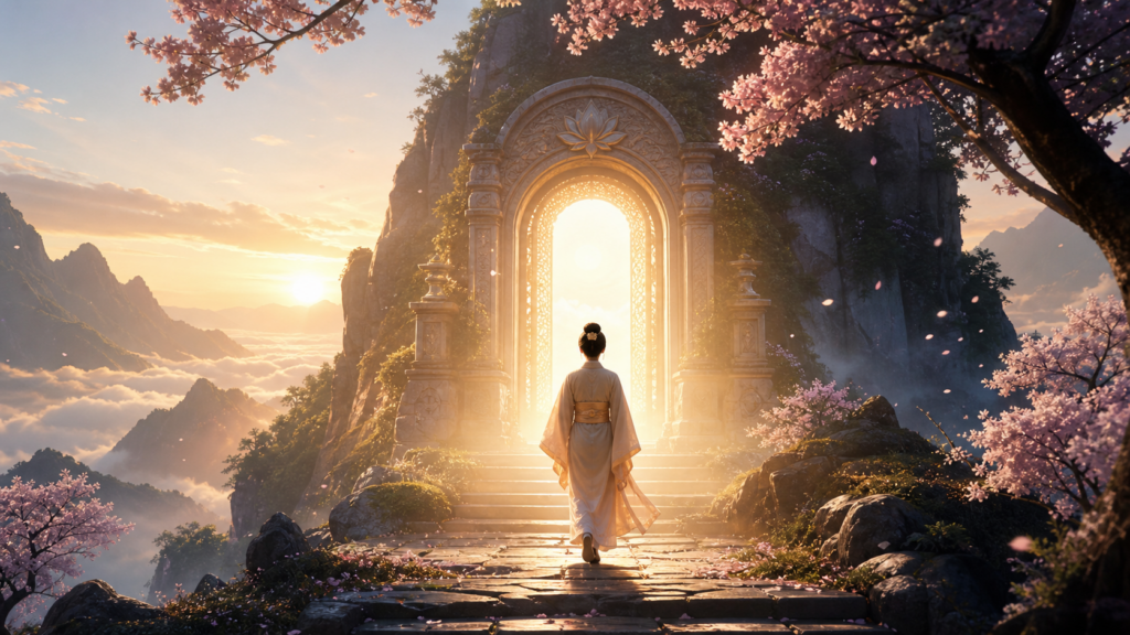 アセンションのゲートへ向かう女性と光の扉