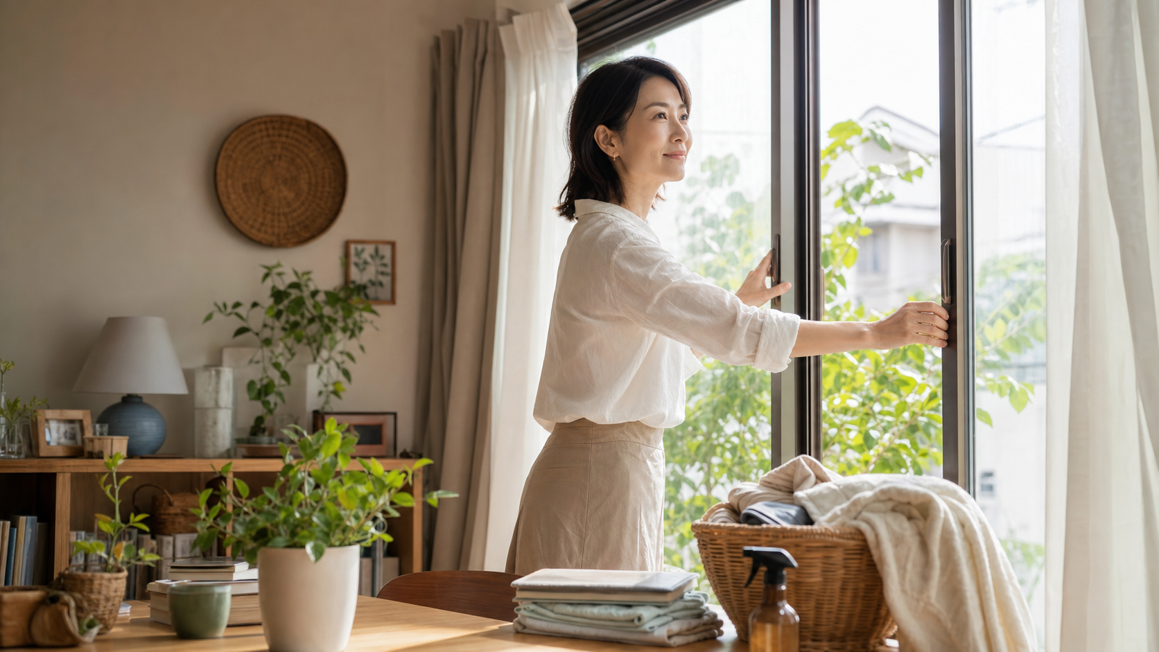 窓を開けて部屋と気持ちを整える女性