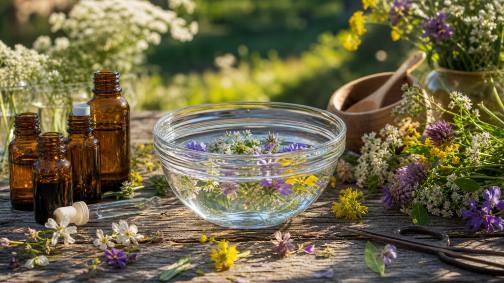 フラワーエッセンス作りの花と水と遮光ボトル