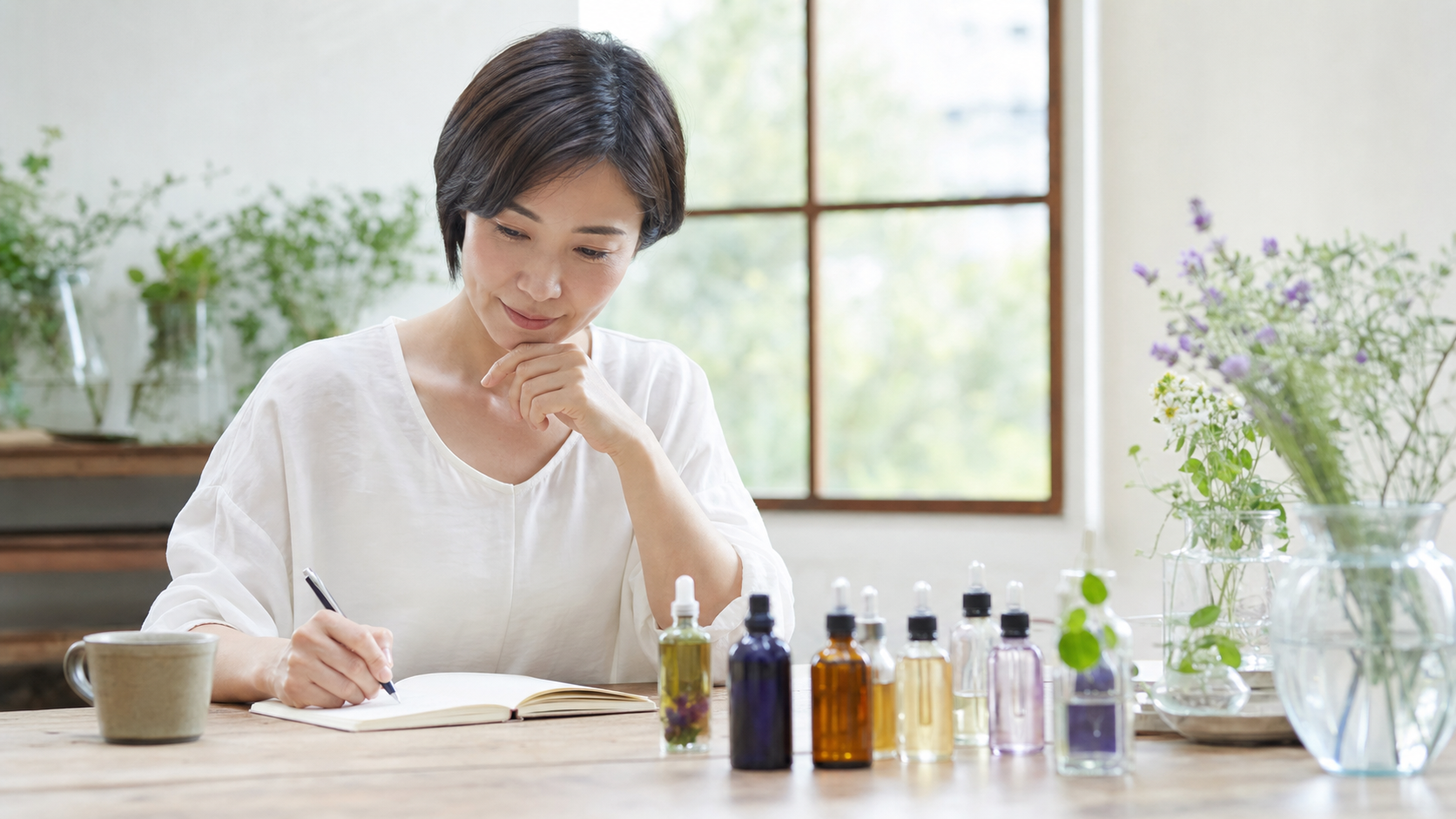 フラワーエッセンスと気持ちをノートに記録する女性