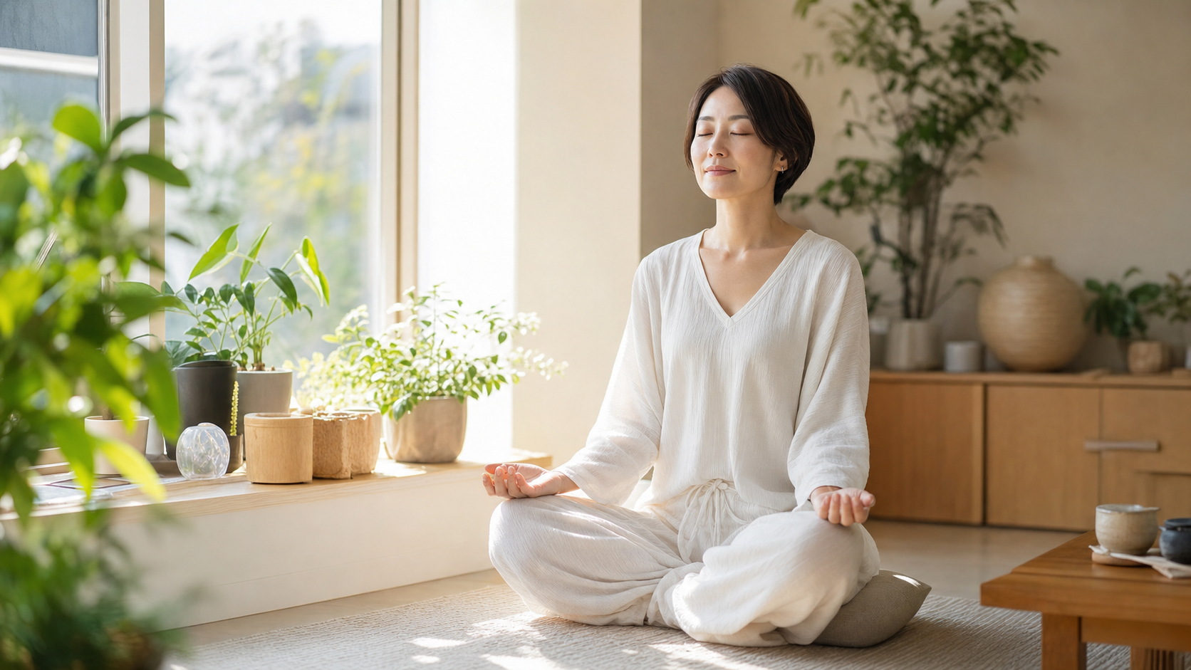 ライオンズゲート期間に静かに瞑想する女性