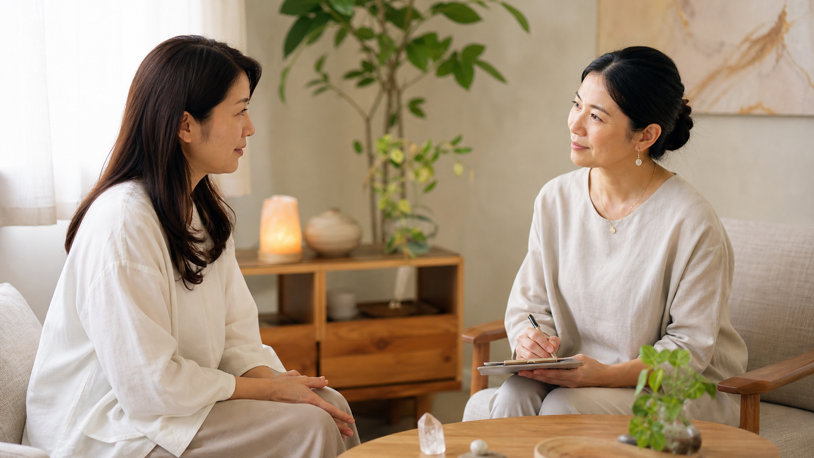 落ち着いた空間で対等に話す二人の女性