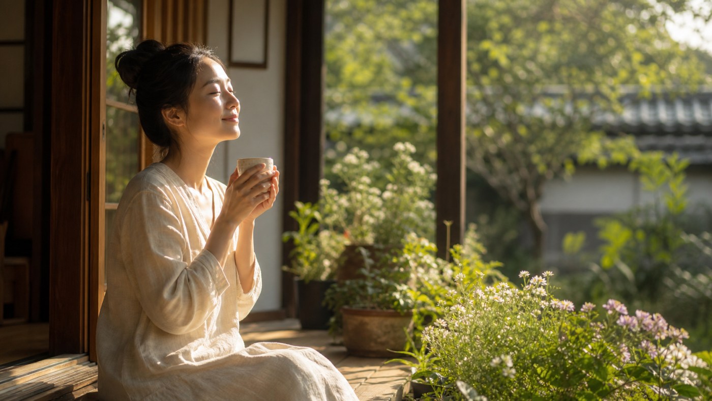 朝の光と一杯のお茶で今を味わう女性