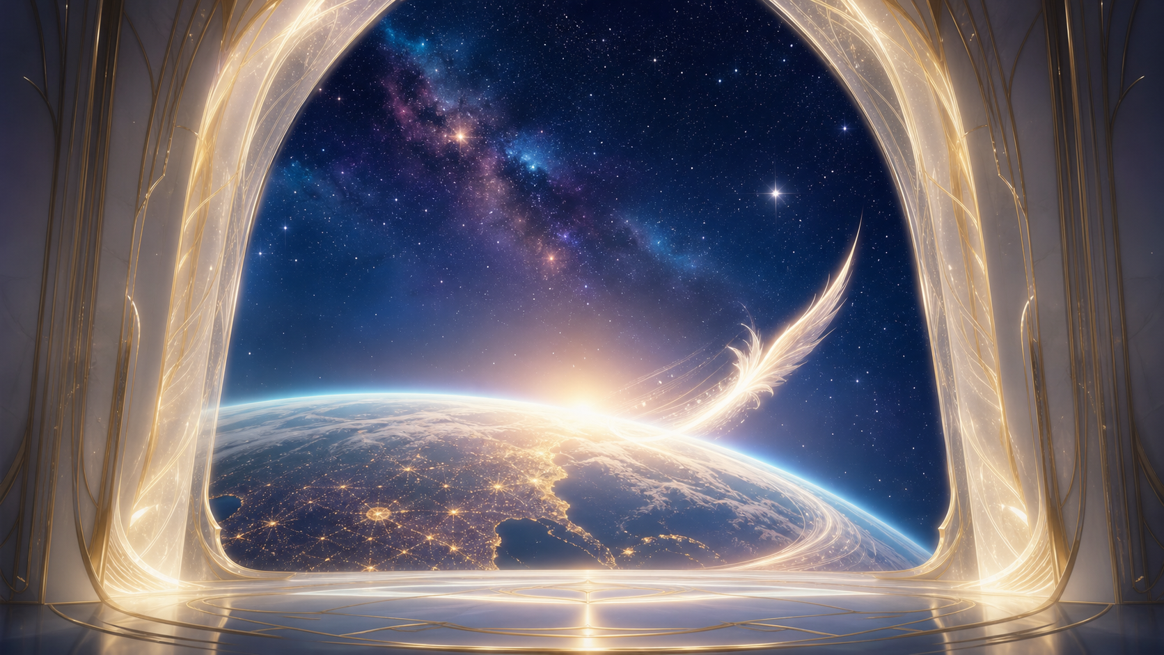 地球を越えて広がる魂の旅を表す宇宙の風景