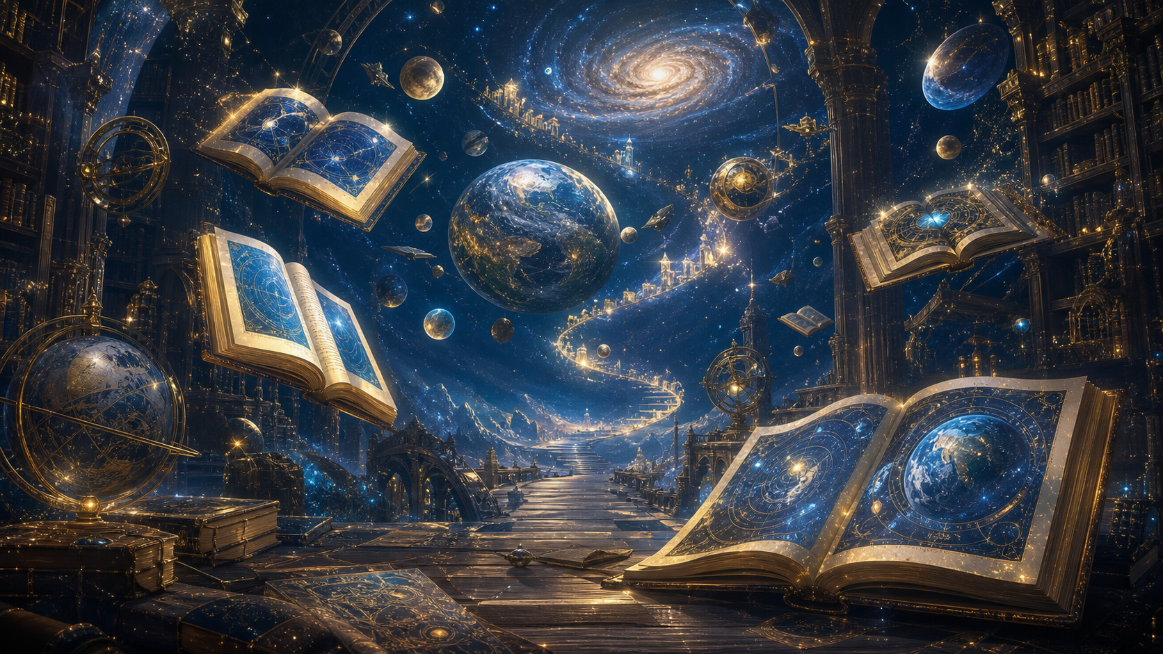 宇宙に広がる知識と記憶の書物を表すイラスト