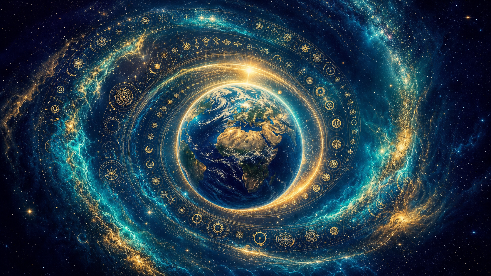 宇宙の知恵と地球のつながりを表す幻想的な地球