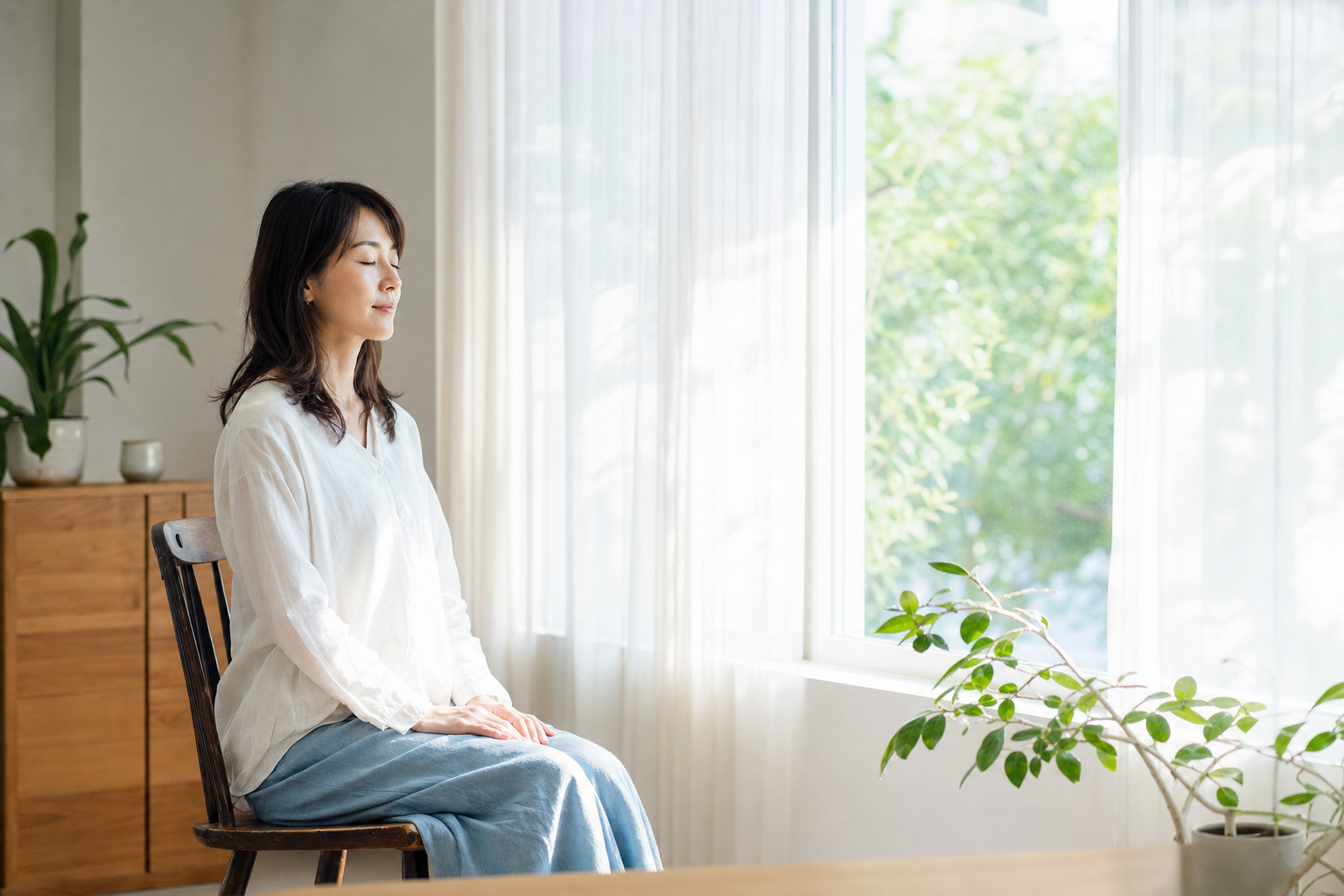 ハイアーセルフの声を聞くため静かに座る女性