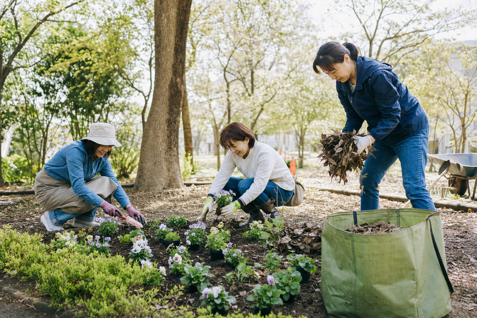 地域の花壇を協力して手入れする女性たち