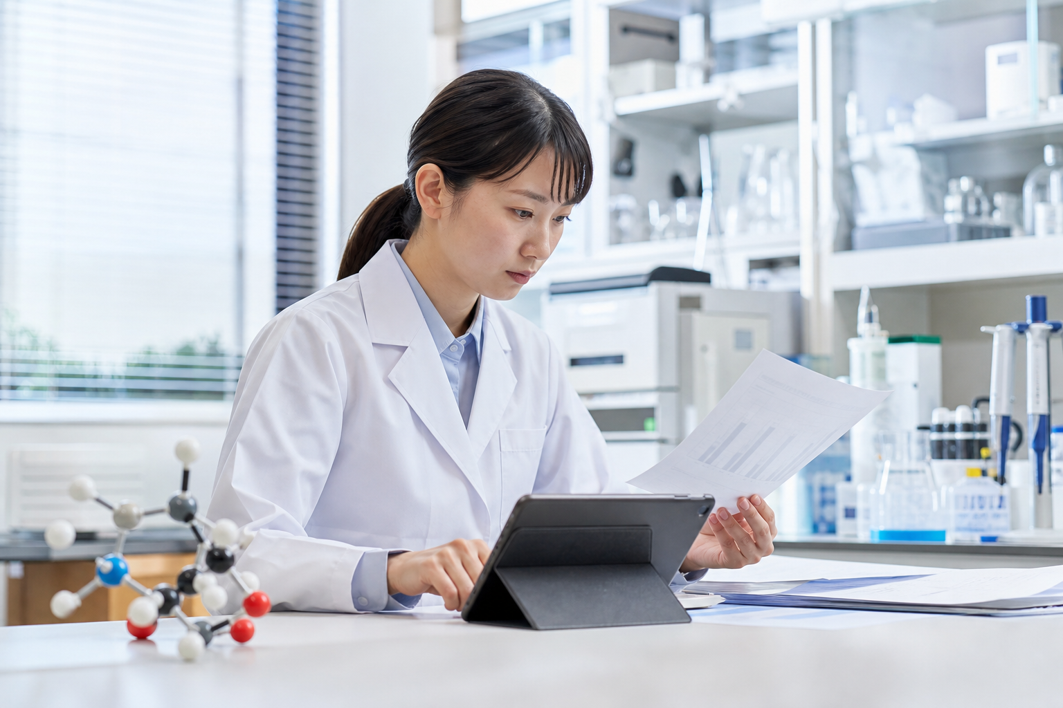 未確認の医療情報を研究資料と照合する女性研究者