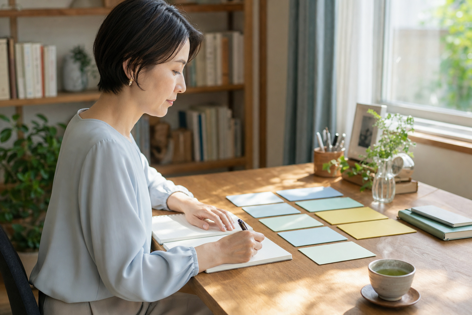 事実と未確認情報を分けて整理する女性