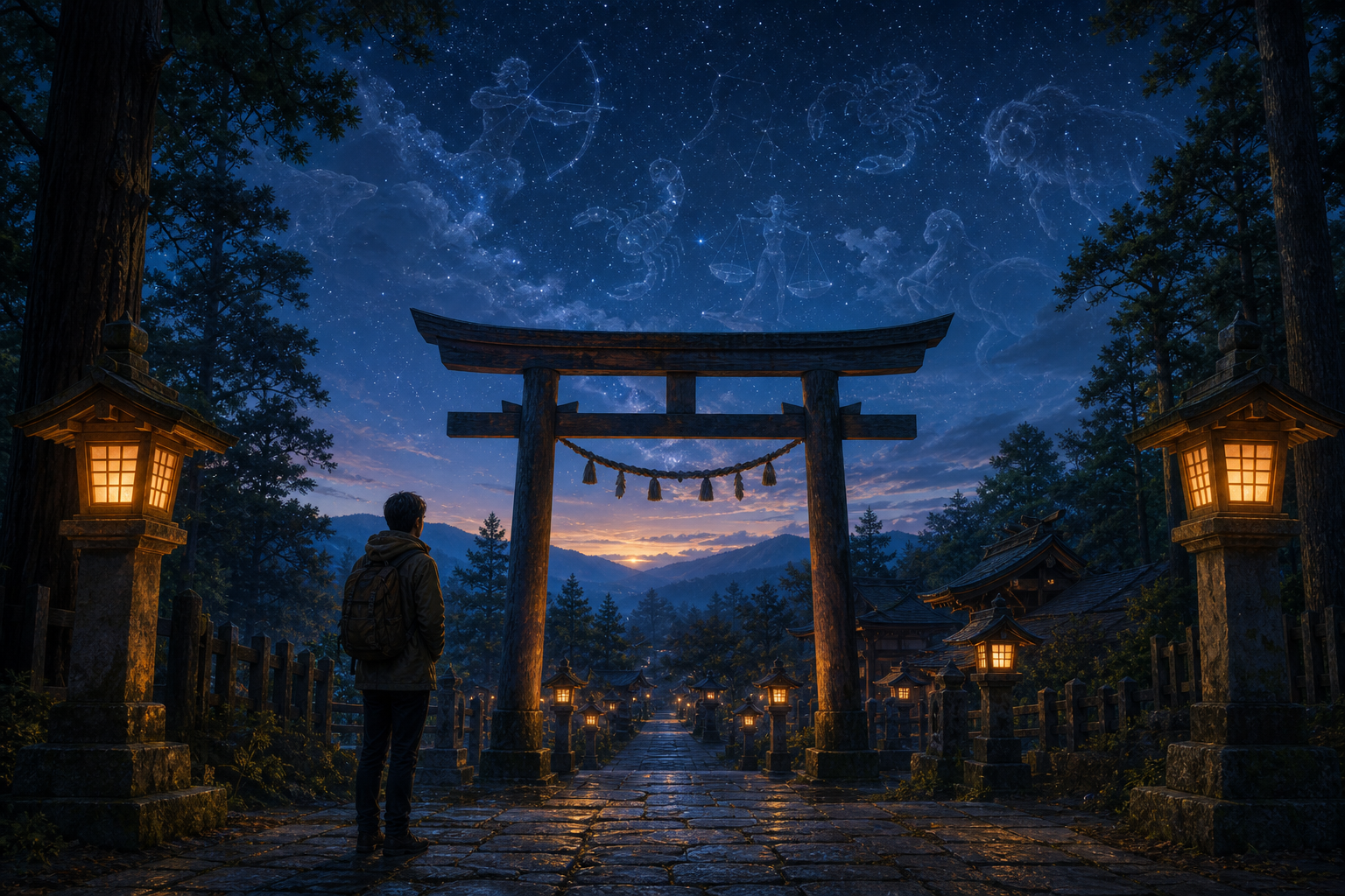 神社と星空を前に自分で意味を考える姿勢