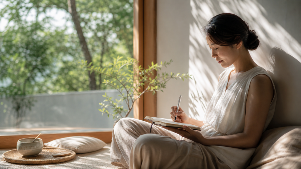 瞑想後に感じたことをノートへ記録する人物