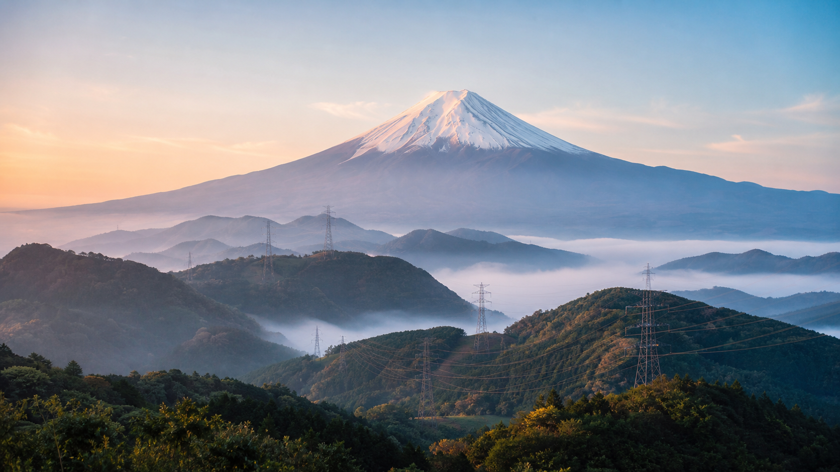 富士山の龍脈を象徴的な光の流れで表した風景