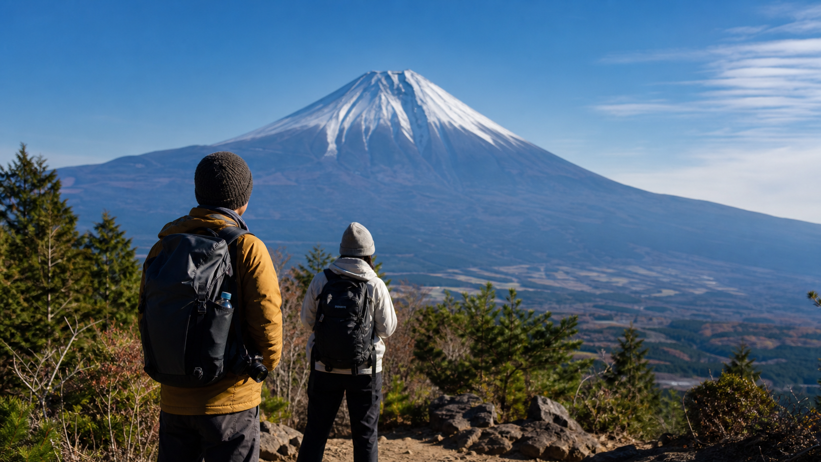整備された登山道から安全に富士山を望む登山者